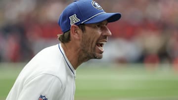 Oct 27, 2024; Houston, Texas, USA; Indianapolis Colts head coach Shane Steichen reacts on a call as they play against the Houston Texans in the second half at NRG Stadium. Mandatory Credit: Thomas Shea-Imagn Images