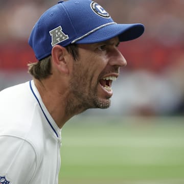 Oct 27, 2024; Houston, Texas, USA; Indianapolis Colts head coach Shane Steichen reacts on a call as they play against the Houston Texans in the second half at NRG Stadium. Mandatory Credit: Thomas Shea-Imagn Images