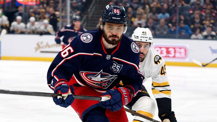 Apr 12, 2026; Columbus, Ohio, USA; Columbus Blue Jackets right wing Kirill Marchenko (86) and Boston Bruins defenseman Jonathan Aspirot (45) skate after a loose puck during the first period at Nationwide Arena. Mandatory Credit: Russell LaBounty-Imagn Images Apr 12, 2026; Columbus, Ohio, USA; Columbus Blue Jackets right wing Kirill Marchenko (86) and Boston Bruins defenseman Jonathan Aspirot (45) skate after a loose puck during the first period at Nationwide Arena. Mandatory Credit: Russell LaBounty-Imagn Images