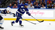 Nov 14, 2024; Tampa, Florida, USA; Tampa Bay Lightning left wing Brandon Hagel (38) shoots as Winnipeg Jets defenseman Neal Pionk (4) defends during the first period at Amalie Arena. Mandatory Credit: Kim Klement Neitzel-Imagn Images