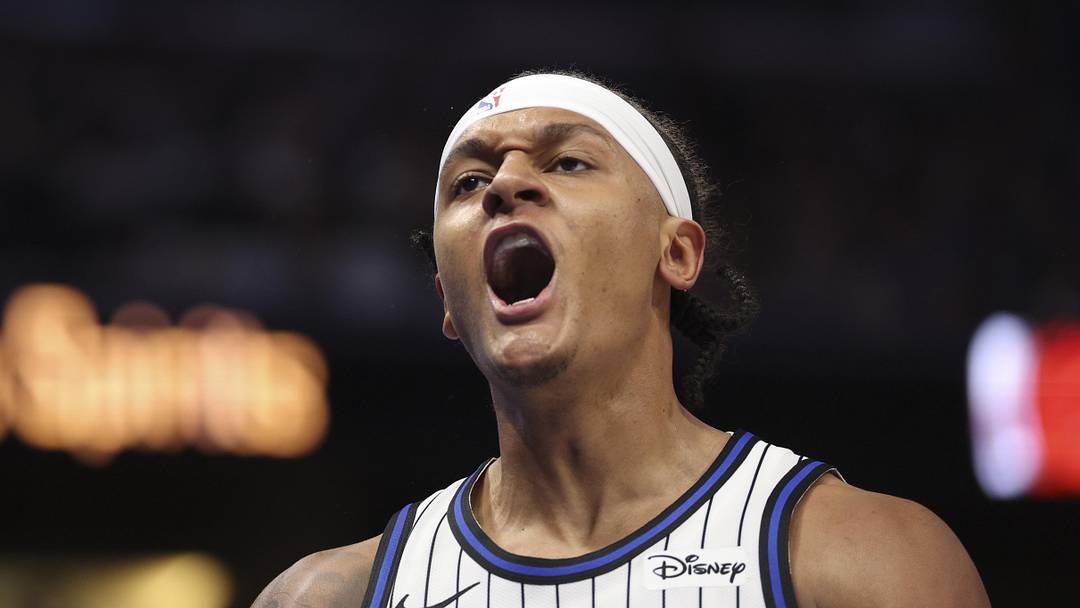 Orlando Magic forward Paolo Banchero (5) reacts after a shot against the Miami Heat in the fourth quarter at Kia Center on Oct 22, 2025.
