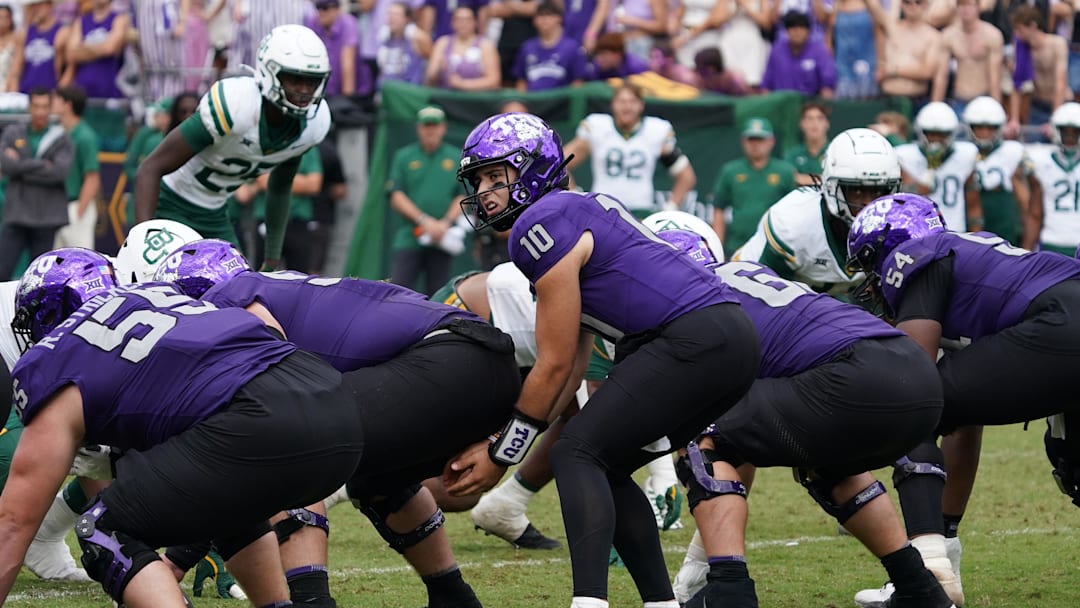 Oct 18, 2025; Fort Worth, Texas, USA; TCU Horned Frogs quarterback Josh Hoover (10) under center against the Baylor Bears during the second half of a game at Amon G. Carter Stadium. Mandatory Credit: Raymond Carlin III-Imagn Images