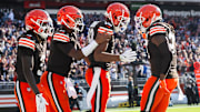 Oct 27, 2024; Cleveland, Ohio, USA; Cleveland Browns wide receiver Cedric Tillman (19) celebrates with wide receiver Jerry Jeudy (3) and quarterback Jameis Winston (5) and running back D'Onta Foreman (27) after catching a touchdown pass during the second half against the Baltimore Ravens at Huntington Bank Field. Mandatory Credit: Ken Blaze-Imagn Images
