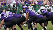 Oct 18, 2025; Fort Worth, Texas, USA; TCU Horned Frogs quarterback Josh Hoover (10) under center against the Baylor Bears during the second half of a game at Amon G. Carter Stadium. Mandatory Credit: Raymond Carlin III-Imagn Images