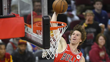 Oct 8, 2024; Cleveland, Ohio, USA; Chicago Bulls forward Matas Buzelis (14) drives to the basket in the fourth quarter against the Cleveland Cavaliers at Rocket Mortgage FieldHouse. Mandatory Credit: David Richard-Imagn Images