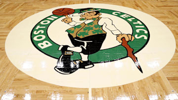 Dec 17, 2021; Boston, Massachusetts, USA; The Boston Celtics logo is seen before their game against the Golden State Warriors at TD Garden. Mandatory Credit: Winslow Townson-Imagn Images