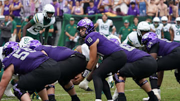 Oct 18, 2025; Fort Worth, Texas, USA; TCU Horned Frogs quarterback Josh Hoover (10) under center against the Baylor Bears during the second half of a game at Amon G. Carter Stadium. Mandatory Credit: Raymond Carlin III-Imagn Images