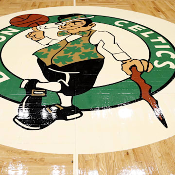 Dec 17, 2021; Boston, Massachusetts, USA; The Boston Celtics logo is seen before their game against the Golden State Warriors at TD Garden. Mandatory Credit: Winslow Townson-Imagn Images