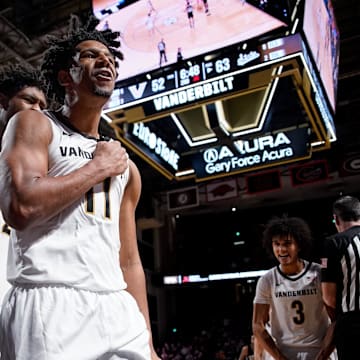 Vanderbilt guard AJ Hoggard (11) reacts after being fouled during the second half against Mississippi State at Memorial Gymnasium in Nashville, Tenn., Tuesday, Jan. 7, 2025.