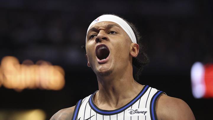 Orlando Magic forward Paolo Banchero (5) reacts after a shot against the Miami Heat in the fourth quarter at Kia Center on Oct 22, 2025.