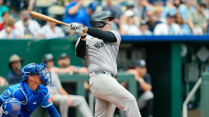 Jun 13, 2024; Kansas City, Missouri, USA; New York Yankees first baseman Anthony Rizzo (48) bats against the Kansas City Royals during the fifth inning at Kauffman Stadium. Mandatory Credit: Jay Biggerstaff-USA TODAY Sports