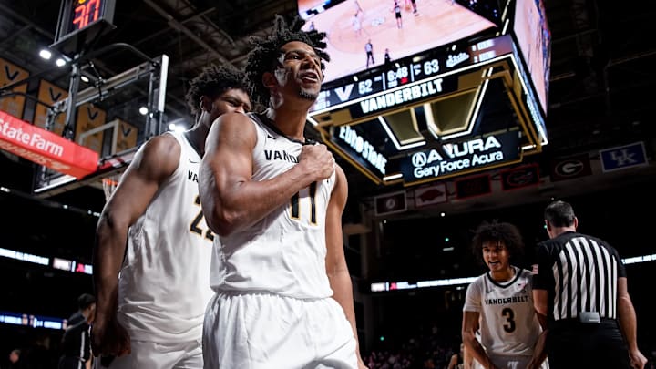 Vanderbilt guard AJ Hoggard (11) reacts after being fouled during the second half against Mississippi State at Memorial Gymnasium in Nashville, Tenn., Tuesday, Jan. 7, 2025. Vanderbilt guard AJ Hoggard (11) reacts after being fouled during the second half against Mississippi State at Memorial Gymnasium in Nashville, Tenn., Tuesday, Jan. 7, 2025.