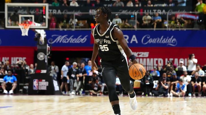 Jul 13, 2024; Las Vegas, NV, USA; San Antonio Spurs guard Sidy Cissoko (25) dribbles against the Portland Trail Blazers during the first quarter at Thomas & Mack Center. 