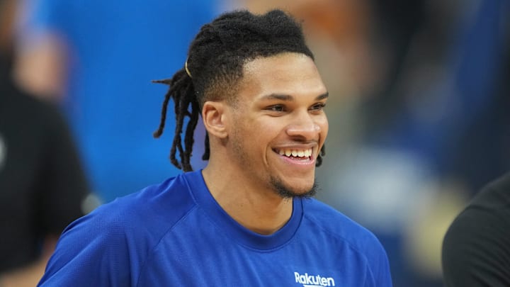 Jan 2, 2026; San Francisco, California, USA; Golden State Warriors guard Will Richard (3) before the game against the Oklahoma City Thunder at Chase Center. Mandatory Credit: Darren Yamashita-Imagn Images