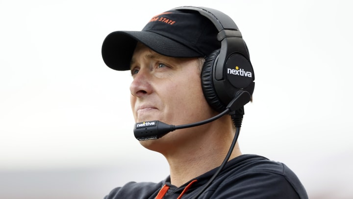 Nov 13, 2021; Corvallis, Oregon, USA; Oregon State  interim defensive coordinator Trent Bray looks on during the first half against the Stanford Cardinal at Reser Stadium. Mandatory Credit: Soobum Im-USA TODAY Sports