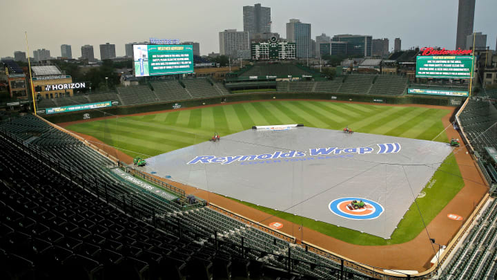 A general view of Wrigley Field during a rain delay.