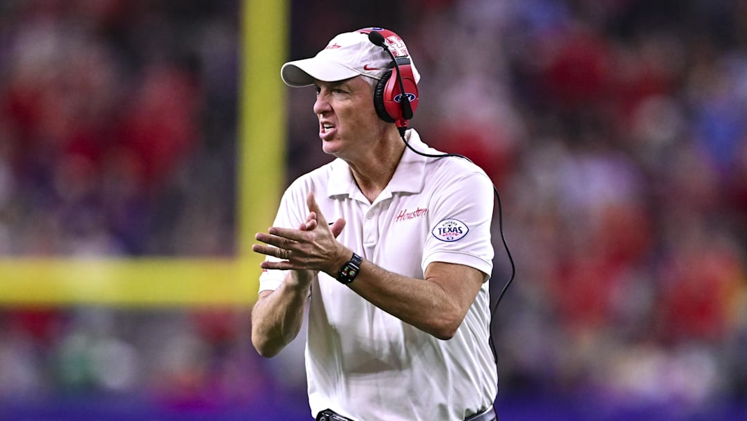 Dec 27, 2025; Houston, TX, USA; Houston Cougars head coach Willie Fritz reacts during the first half against the Louisiana State Tigers at NRG Stadium. Mandatory Credit: Maria Lysaker-Imagn Images 