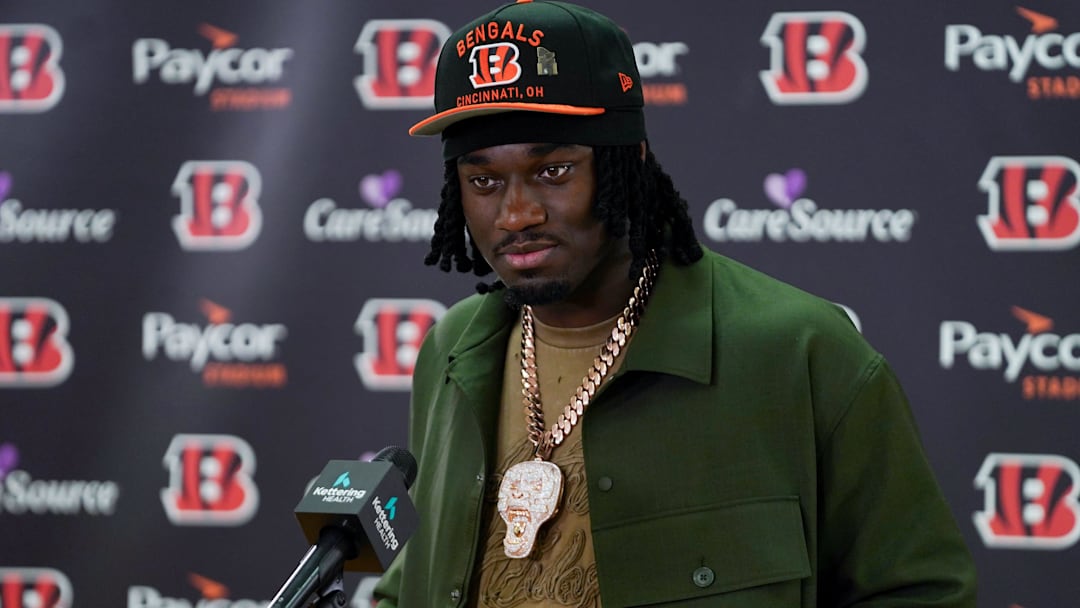 Cincinnati Bengals first-round draft pick Shemar Stewart listens to questions from reporters during a press conference, Friday, April 25, 2025, at Paycor Stadium in Downtown Cincinnati. , Friday, April 25, 2025, at Paycor Stadium in Downtown Cincinnati.