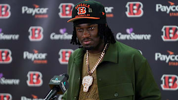 Cincinnati Bengals first-round draft pick Shemar Stewart listens to questions from reporters during a press conference, Friday, April 25, 2025, at Paycor Stadium in Downtown Cincinnati. , Friday, April 25, 2025, at Paycor Stadium in Downtown Cincinnati.