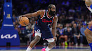 Nov 24, 2024; Philadelphia, Pennsylvania, USA; Los Angeles Clippers guard James Harden (1) controls the ball against the Philadelphia 76ers in the third quarter at Wells Fargo Center. Mandatory Credit: Kyle Ross-Imagn Images
