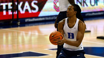 Duke v SMU; Duke basketball center Maliq Brown warms up before a game against SMU