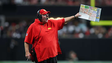 Sep 22, 2024; Atlanta, Georgia, USA; Kansas City Chiefs head coach Andy Reid on the sideline against the Atlanta Falcons in the fourth quarter at Mercedes-Benz Stadium. Mandatory Credit: Brett Davis-Imagn Images
