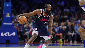 Nov 24, 2024; Philadelphia, Pennsylvania, USA; Los Angeles Clippers guard James Harden (1) controls the ball against the Philadelphia 76ers in the third quarter at Wells Fargo Center. Mandatory Credit: Kyle Ross-Imagn Images