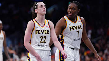 Jul 15, 2025; Boston, Massachusetts, USA; Indiana Fever guard Caitlin Clark (22) reacts with a possible injury after a play against the Connecticut Sun in the second half at TD Garden. Mandatory Credit: David Butler II-Imagn Images