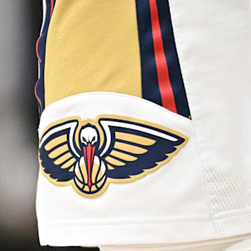 Jan 15, 2024; Dallas, Texas, USA; A view of a New Orleans Pelicans logo during the game between the Dallas Mavericks and the New Orleans Pelicans at the American Airlines Center. 