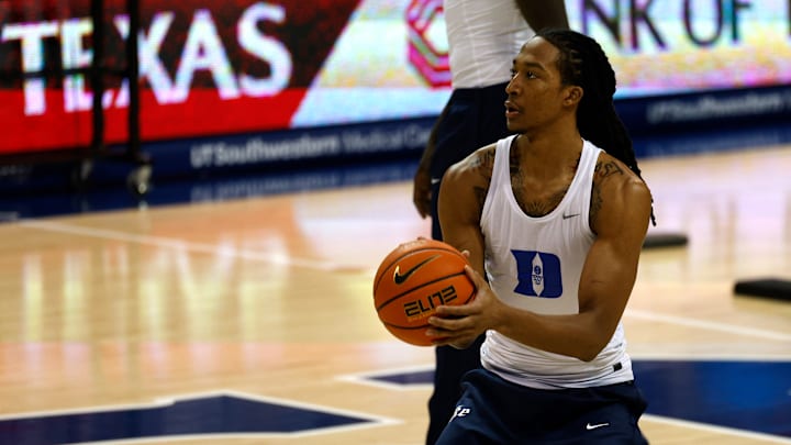 Duke v SMU; Duke basketball center Maliq Brown warms up before a game against SMU