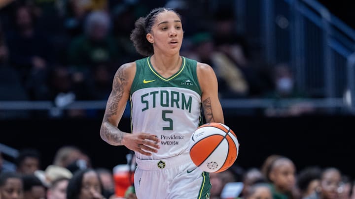 Aug 30, 2025; Seattle, Washington, USA; Seattle Storm forward Gabby Williams (5) dribbles the ball against the Chicago Sky at Climate Pledge Arena. Mandatory Credit: Stephen Brashear-Imagn Images