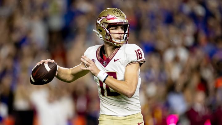 Florida State Seminoles quarterback Tate Rodemaker (18) throws the ball during the first half against the Florida Gators at Steve Spurrier Field at Ben Hill Griffin Stadium in Gainesville, FL on Saturday, November 25, 2023. [Matt Pendleton/Gainesville Sun]