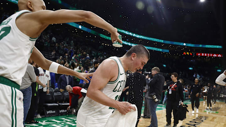 After scoring a career high 43 points, Boston Celtics guard Payton Pritchard has water dumped on him by Jordan Walsh After scoring a career high 43 points, Boston Celtics guard Payton Pritchard has water dumped on him by Jordan Walsh
