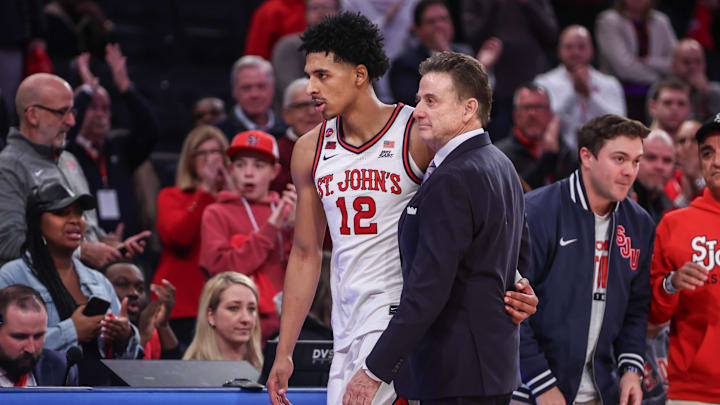 Jan 11, 2025; New York, New York, USA;  St. John's Red Storm head coach Rick Pitino greets guard RJ Luis Jr. (12) as he comes out of the game in the second half against the Villanova Wildcats at Madison Square Garden. Mandatory Credit: Wendell Cruz-Imagn Images
