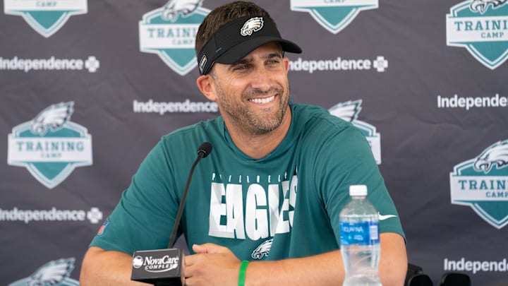  Philadelphia Eagles head coach Nick Sirianni speaks with the media during training camp at NovaCare Complex.