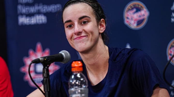 May 14, 2024; Uncasville, Connecticut, USA; Indiana Fever guard Caitlin Clark (22) talks to the media before the start of the game against the Connecticut Sun at Mohegan Sun Arena. 