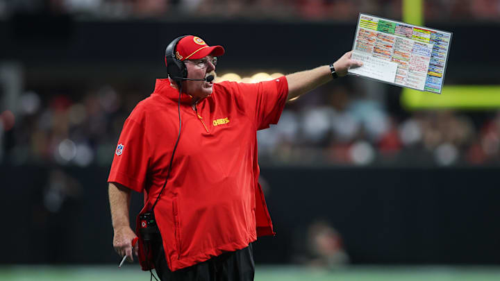 Sep 22, 2024; Atlanta, Georgia, USA; Kansas City Chiefs head coach Andy Reid on the sideline against the Atlanta Falcons in the fourth quarter at Mercedes-Benz Stadium. Mandatory Credit: Brett Davis-Imagn Images