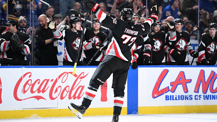 Nov 19, 2025; Buffalo, New York, USA; Buffalo Sabres center Tage Thompson (72) celebrates scoring a goal against the Calgary Flames in the second period at KeyBank Center. Mandatory Credit: Mark Konezny-Imagn Images