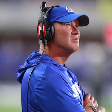 Kansas Jayhawks head coach Lance Leipold watches the scoreboard during the game between Fresno State and Kansas at David Booth Kansas Memorial Stadium on Aug. 23, 2025.