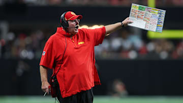 Sep 22, 2024; Atlanta, Georgia, USA; Kansas City Chiefs head coach Andy Reid on the sideline against the Atlanta Falcons in the fourth quarter at Mercedes-Benz Stadium. Mandatory Credit: Brett Davis-Imagn Images