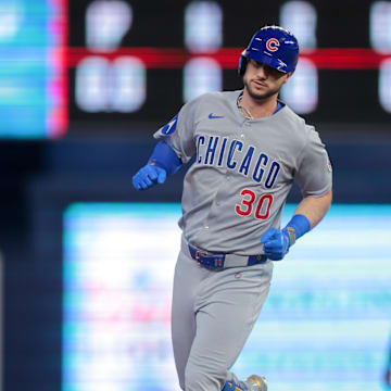 May 20, 2025; Miami, Florida, USA; Chicago Cubs right fielder Kyle Tucker (30) circles the bases after hitting a solo home run against the Miami Marlins during the first inning at loanDepot Park. 