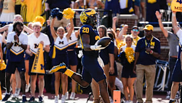 Michigan running back Kalel Mullings (20) runs for a touchdown against USC during the first half at Michigan Stadium in Ann Arbor on Saturday, Sept. 21, 2024.
