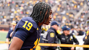 Michigan quarterback Bryce Underwood (19) walks up the tunnel after the first half of the spring game at Michigan Stadium in Ann Arbor on Saturday, April 19, 2025.