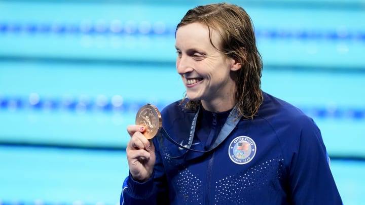 Katie Ledecky (USA) in the women’s 400-meter freestyle medal ceremony.