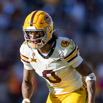 Oct 18, 2025; Tempe, Arizona, USA; Arizona State Sun Devils wide receiver Jordyn Tyson (0) against the Texas Tech Red Raiders at Mountain America Stadium. Mandatory Credit: Mark J. Rebilas-Imagn Images