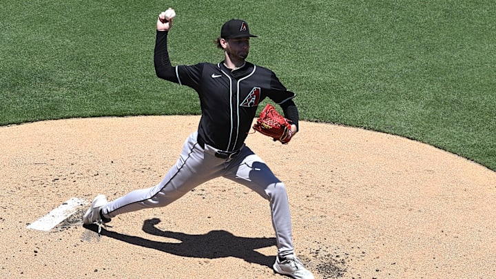 Jul 7, 2024; San Diego, California, USA; Arizona Diamondbacks starting pitcher Ryne Nelson (19) pitches against the San Diego Padres during the first inning at Petco Park. Mandatory Credit: Orlando Ramirez-Imagn Images Jul 7, 2024; San Diego, California, USA; Arizona Diamondbacks starting pitcher Ryne Nelson (19) pitches against the San Diego Padres during the first inning at Petco Park. Mandatory Credit: Orlando Ramirez-Imagn Images