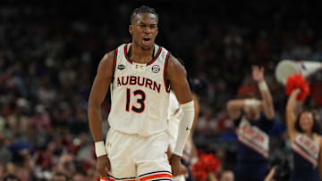 Apr 5, 2025; San Antonio, TX, USA; Auburn Tigers guard Miles Kelly (13) reacts after a play against the Florida Gators during the first half in the semifinals of the men's Final Four.