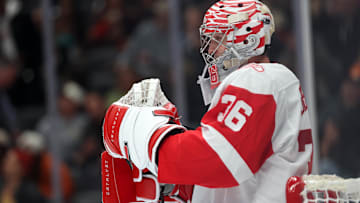 Oct 31, 2025; Anaheim, California, USA;  Detroit Red Wings goaltender John Gibson (36) looks on during the second period against the Anaheim Ducks at Honda Center. Mandatory Credit: Kiyoshi Mio-Imagn Images