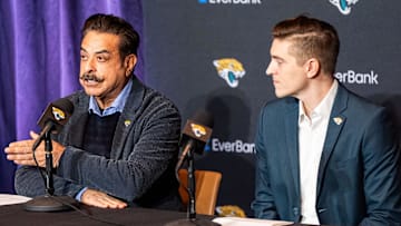 Jacksonville Jaguars Owner Shad Khan, left, introduced General Manager James Gladstone, right, during a press conference Monday morning February 24, 2025 at the Miller Electric Center in Jacksonville, Fla. [Doug Engle/Florida Times-Union]2025