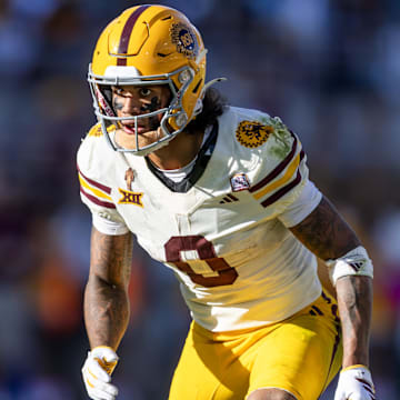 Oct 18, 2025; Tempe, Arizona, USA; Arizona State Sun Devils wide receiver Jordyn Tyson (0) against the Texas Tech Red Raiders at Mountain America Stadium. Mandatory Credit: Mark J. Rebilas-Imagn Images